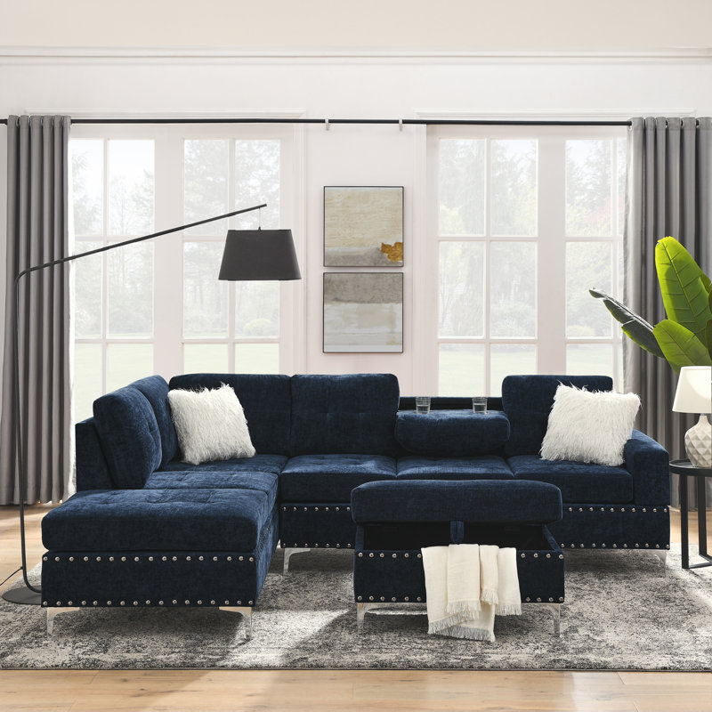 Ilish Upholstered L-Shaped Sectional Reversible, Dark Blue Chenille