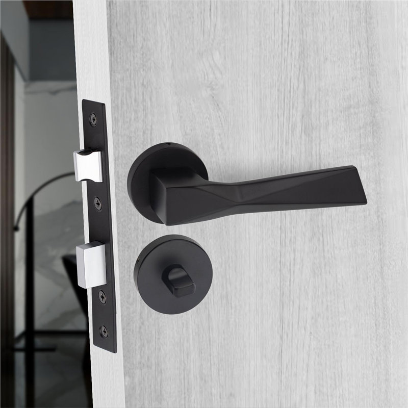 Modern Aura Design Premium Bathroom Door Handles on Round Rose with Dead Bolt Latch, Ball Hinges and Thumbturn