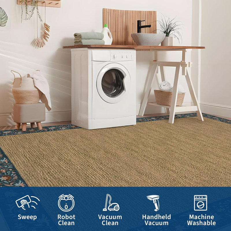 2x6 Floral Bordered Kitchen Rug – Minimalist, Non-Slip, Washable Runner for Hallways, Entryway, Bedroom (Light Blue)