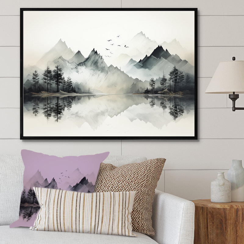 Aquarelle, rêve de lac et de forêt I, Cadre flottant noir, H 12 po x l 20 po x P 1 po