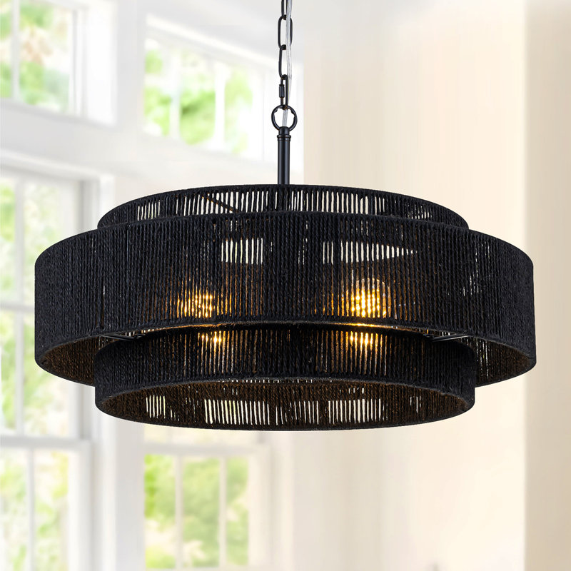 Lustre en corde de chanvre tissé à la main 4 lumières Luebbert, Noir