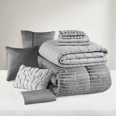 King Size 10 - Piece Luxury Grey Comforter With Comforter, Quilt, Shams, Decor Pillows And Delicate Texture Bed Skirt Embroidered Pattern