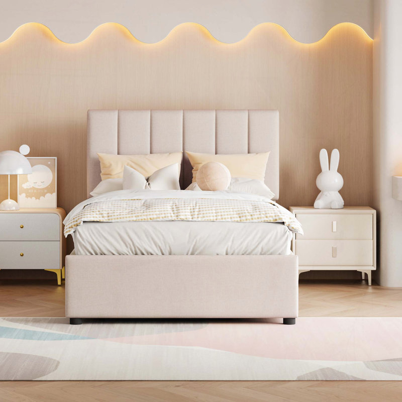 Lit plateforme simple tapissier avec rangement hydraulique, Beige
