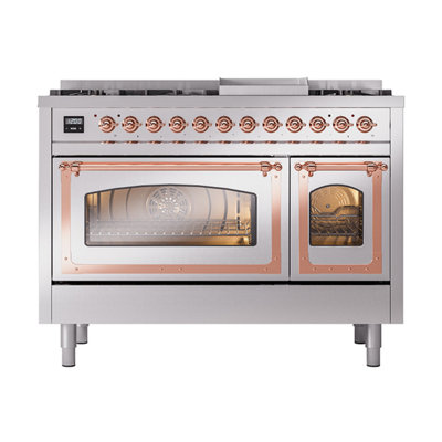 Cuisinière à double combustible 48 pouces avec 8 brûleurs scellés et plaque chauffante (porte vitrée) ILVE Nostalgie II Series Noblesse