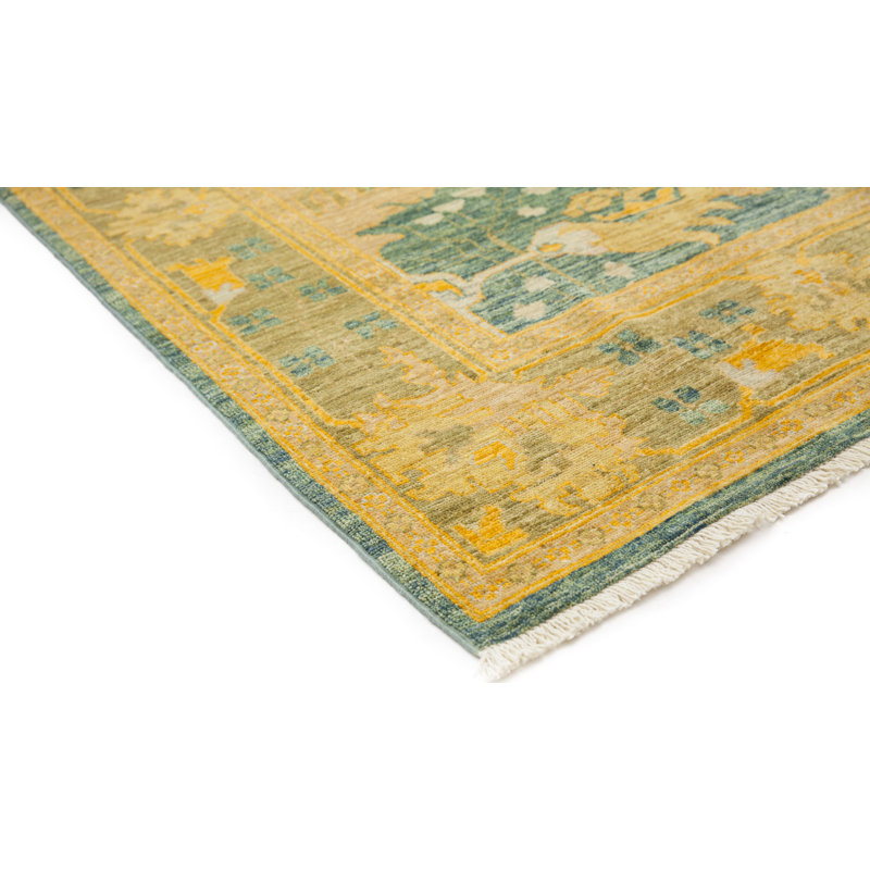 Tapis sarcelle / jaune noué à la main de l'artisanat unique en son genre