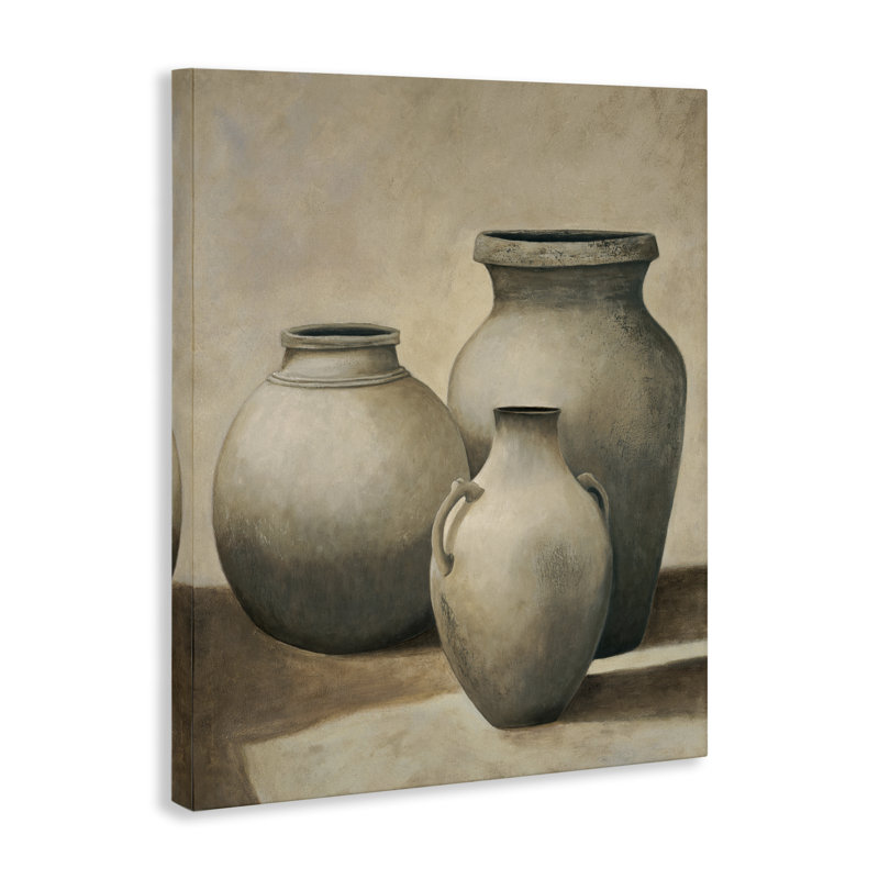Trio de vases sur toile nature morte, conception d'André Mazo, H 20 po x l 16 po