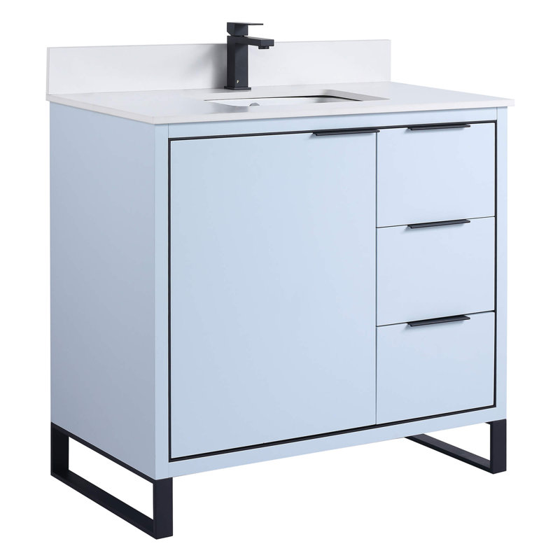 Geselle 36'' Single Bathroom Vanity with Stone Top, Matte Black, Pastel Blue