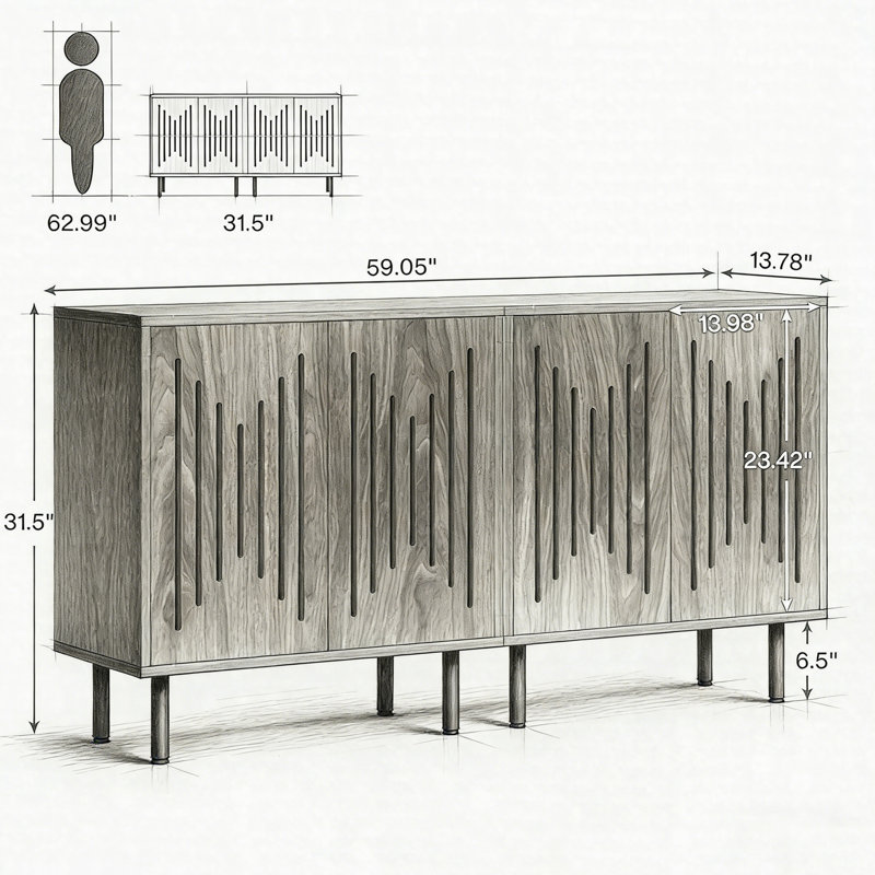 Sideboard Buffet Cabinet Set Of 2, Storage Cabinet With Adjustable Shelves & Doors, Walnut