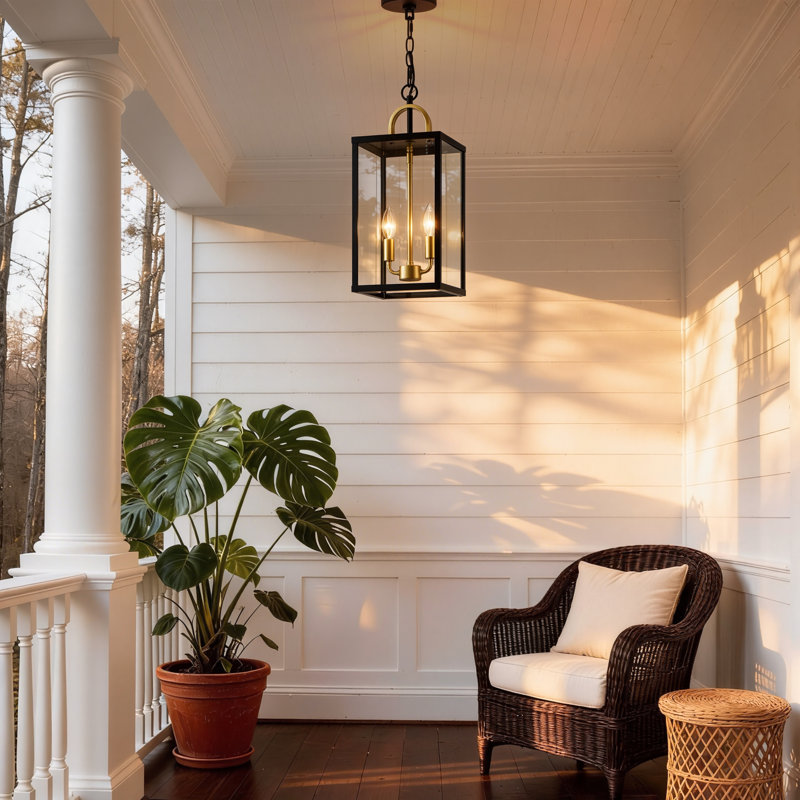 Lanterne suspendue d'extérieur 2 lumières avec abat-jour en verre transparent, Matte Black/Gold