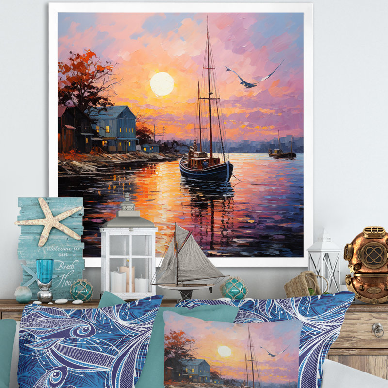 Port Portside Harmony Pointillism - reproduction sur toile, H 30 po x l 30 po x P 1 po, Cadre simple blanc