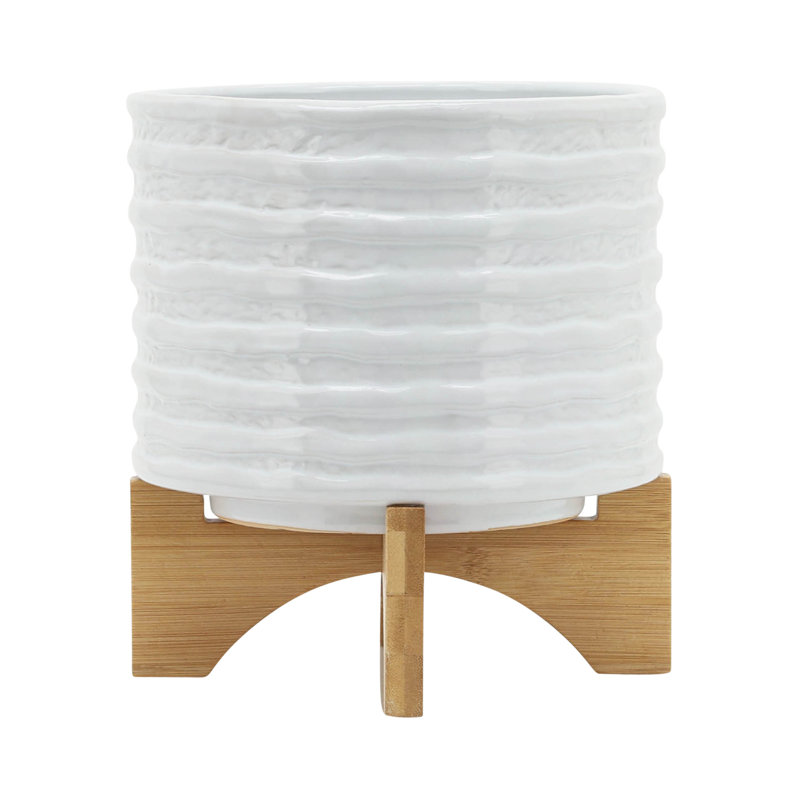 Modern Textured Ceramic Planter with Stand Indoor Outdoor, 9" H x 8" W x 8" D, White
