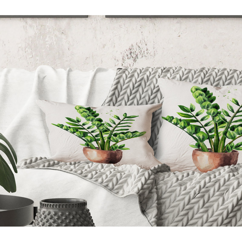 Rectangle, plante tropicale Zamioculcas avec feuilles vertes - coussin décoratif traditionnel