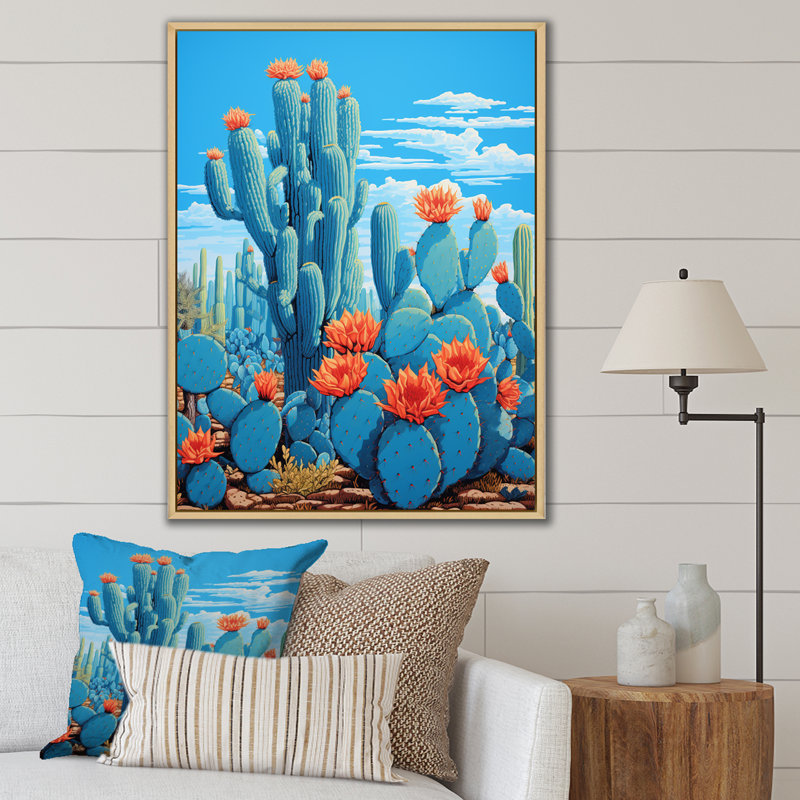 Cerulean Blue Cactus Collage sur toile, H 32 po x l 16 po x P 1 po, Cadre naturel flottant