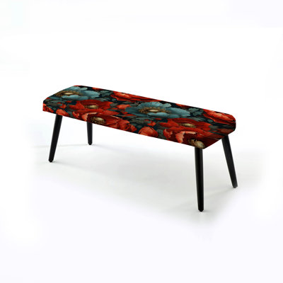 Blue And Red Poppy Flowers Pattern - Floral Upholstered Black Bench