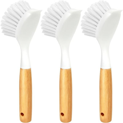 3 Pack Dish Brush Set With Bamboo Handle, Kitchen Cleaner For Cleaning Pasta Plate, Salad Bowl, Scrubber With Soft Bristles, Blanco