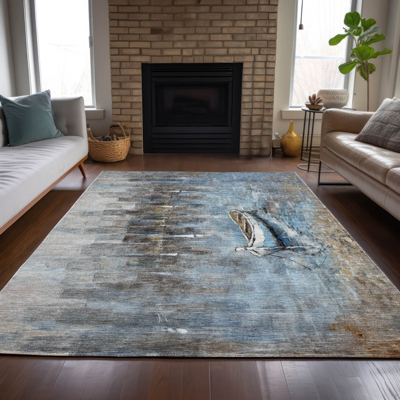 Machine Washable Indoor/Outdoor Xhevrie Blue Rug, Rectangle 5' x 7'6"