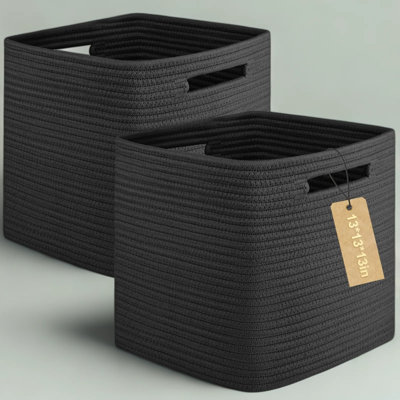 Storage Cubes 13 Inch, Collapsible Cube Storage Organizer Bins, Woven Cotton Baskets for Shelves, Closet, and Toy Storage, Black 2-Pack