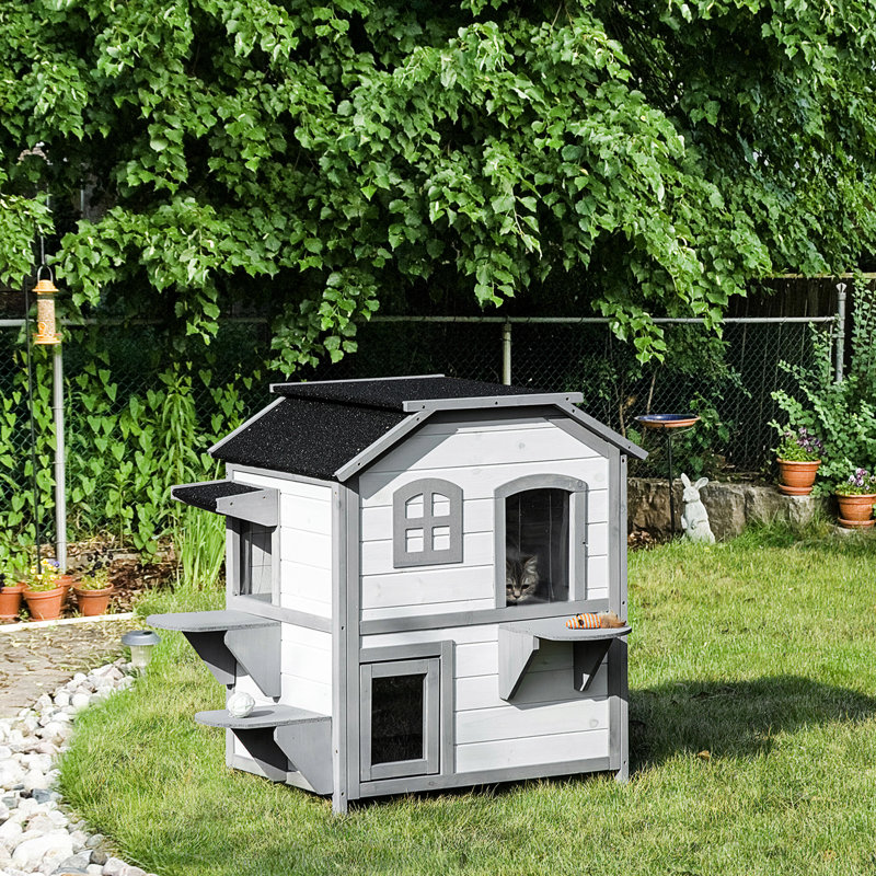 Pavillon d'extérieur pour chat 2 étages - Enclos en bois avec trappe d'évacuation pour chats, toit ouvert, plateformes de saut, maison blanche