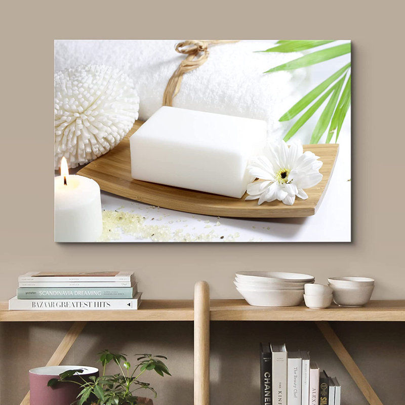 «Zen Stones Relaxing Spa Counter with White Soap Burning Candles and Blooming Flower», reproduction de photo sur toile tendue