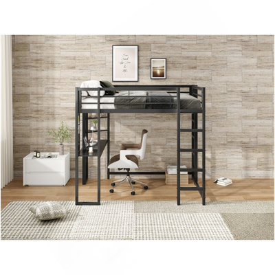 Loft Bed With Desk, Metal Loft Bed Twin Size, Loft Bed Frame With Desk And Storage Compatible With Teens, Black Bedroom Bed Frame