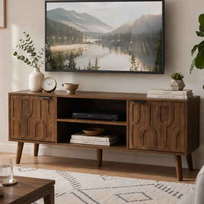 Mid-century Modern Walnut TV Stand with Storage Cabinets and Shelves for TVs up to 48"