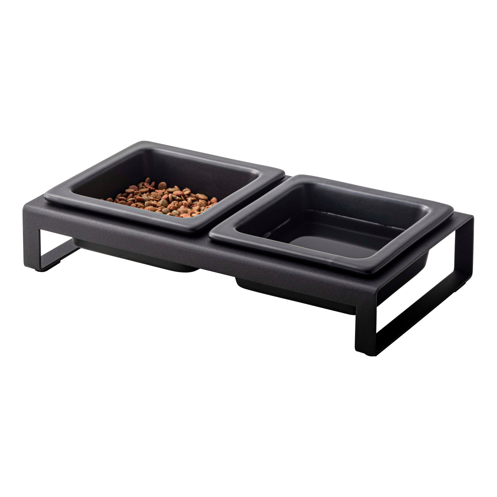 Yamazaki Home Steel And Ceramic Pet Food Stand, 2 Bowls For Food And Water, Short, 1.25 cups, Black