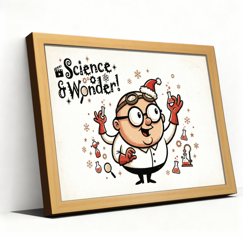 Ensemble de 1 tableau sur toile représentant un scientifique de dessin animé avec un bonnet de père Noël, intitulé « Science et émerveillement ».