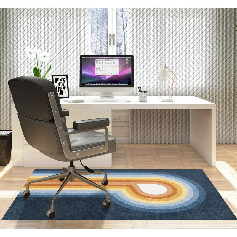 Tapis de chaise rectangulaire droit Feremo, H 36 po x l 60 po, Bleu / rouille / beige