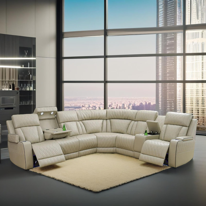 Luma Beige Vegan Leather Sectioanal Living Room Sofa Set With Cup-Holders ,Wireless Charging And LED Lights