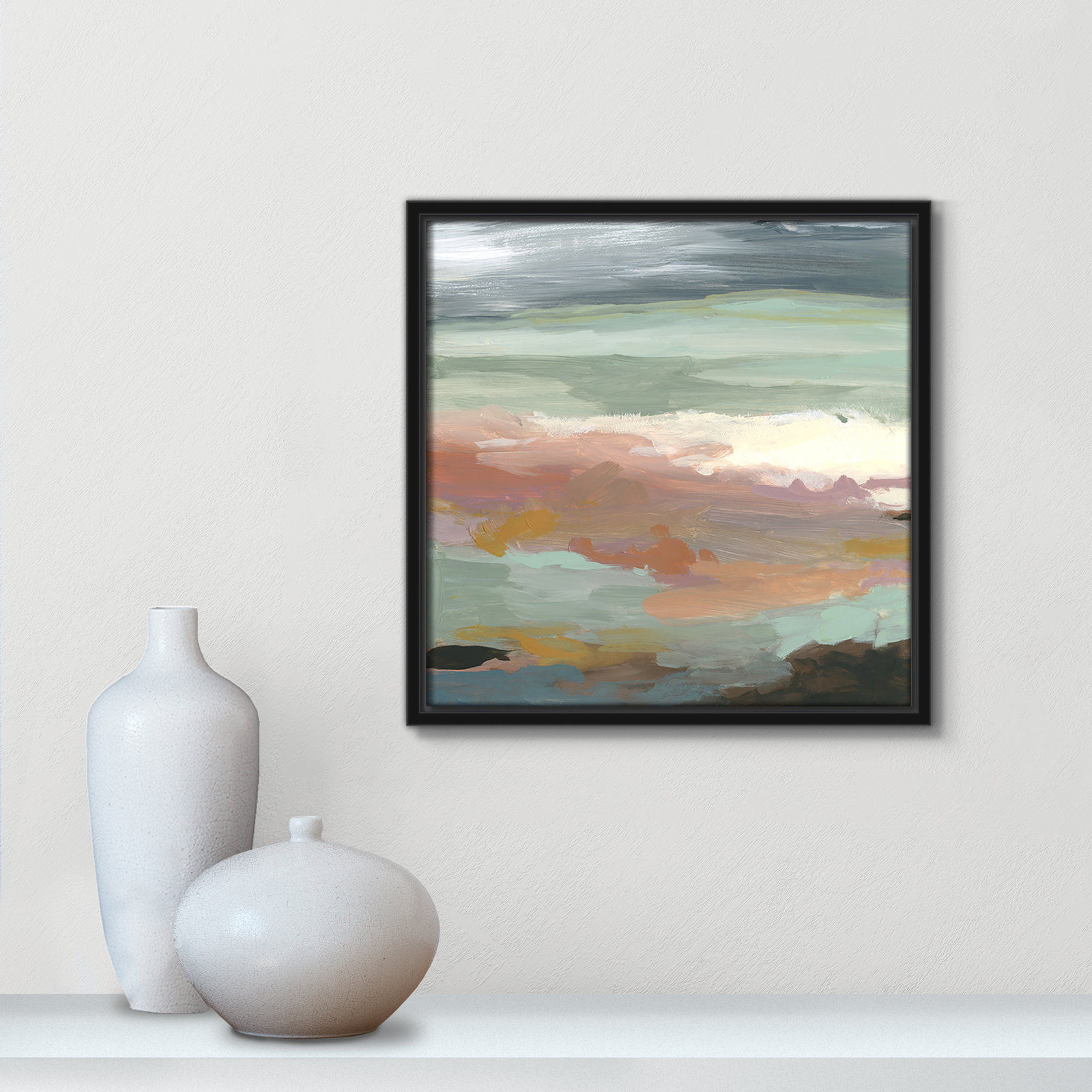 Bingham "Ocean Bluffs" Painting by Carol Robinson, 13.5" H x 13.5" W, Picture Framed Canvas, Black