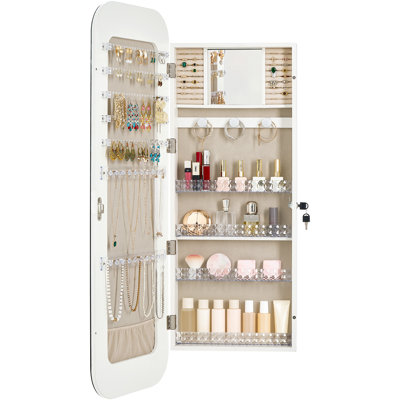 Mirror Jewelry Cabinet, 42.5-inch Tall, Full-Length Mirror with Storage, Wall Mount or Over-the-Door Organizer, Rounded Design, Lockable with Keys and Includes Travel Organizer, White