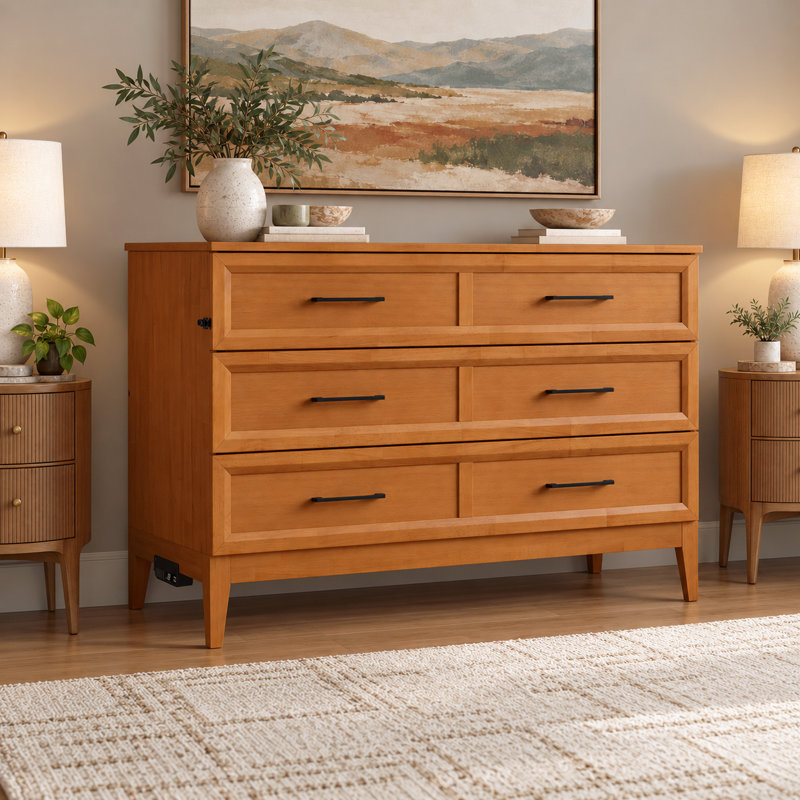 Coffre-lit escamotable en bois avec matelas 4 po Santa Fe, Lit double, Caramel clair