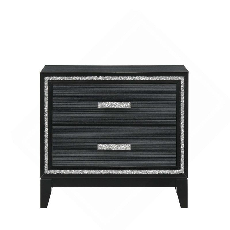 Table de chevet contemporaine en bois 1pc avec 2 tiroirs, garniture argentée chatoyante, Black