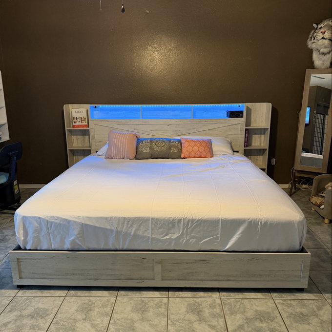Shila 45.3" Platform Bed Frame with 4 Metal Drawers Storage, LED Bookcase Headboard & 2 Side Shelves, Queen Size, White - White, Queen