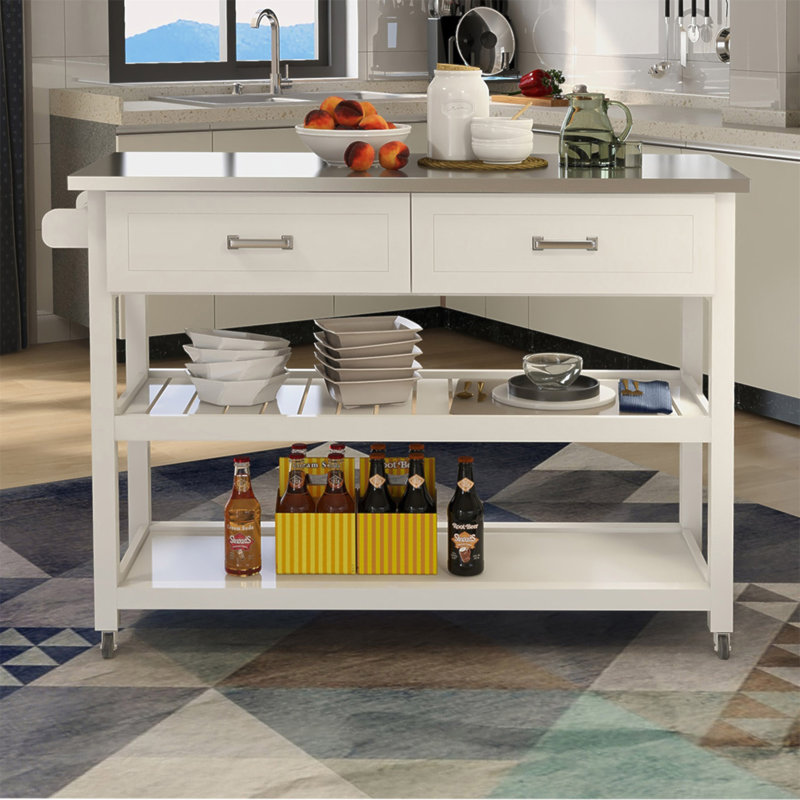 Chariot Kicthen blanc avec deux tiroirs et plateau en acier inoxydable