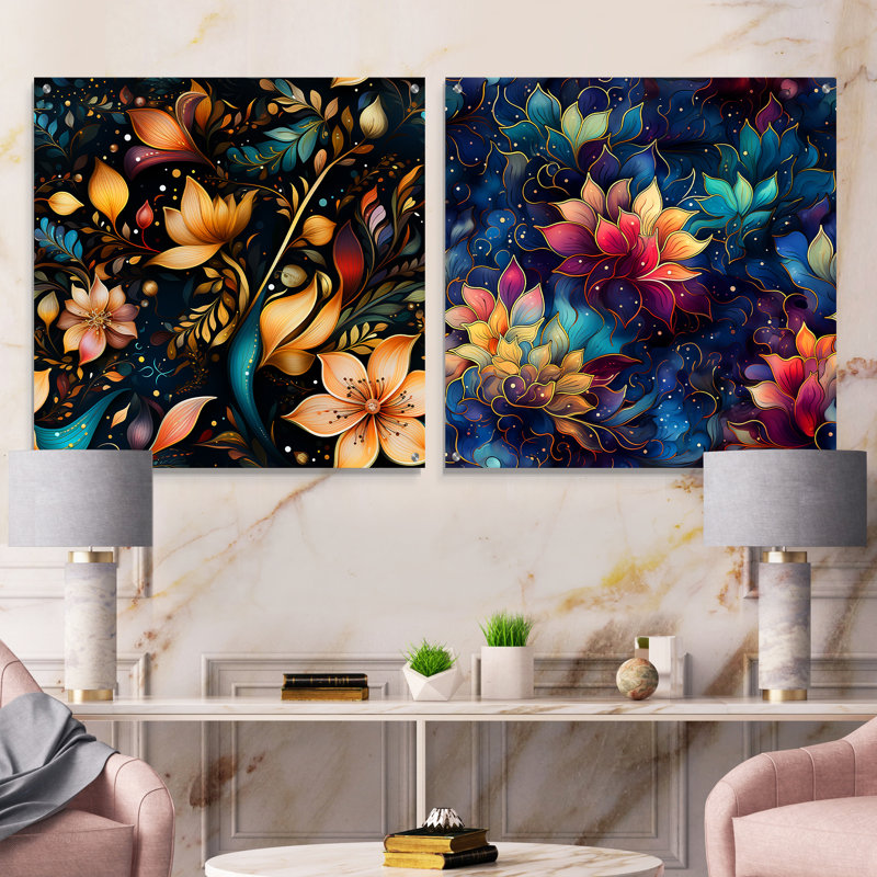 Moroccan Dreamscape Boho Motif I - Ensemble abstrait d'art mural en acrylique sur verre, H 16 po x l 33 po
