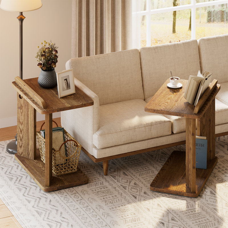 Solid Wood C-Shaped End Table, Couch Side Table with Book Holder, Bedside Table for Bedroom, Living Room, Brown