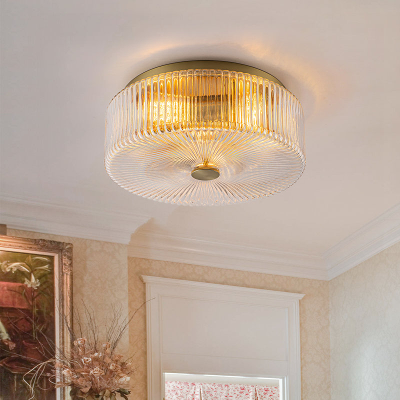 3-Light Ribbied Glass Drum Flush Mount, Gold, Clear