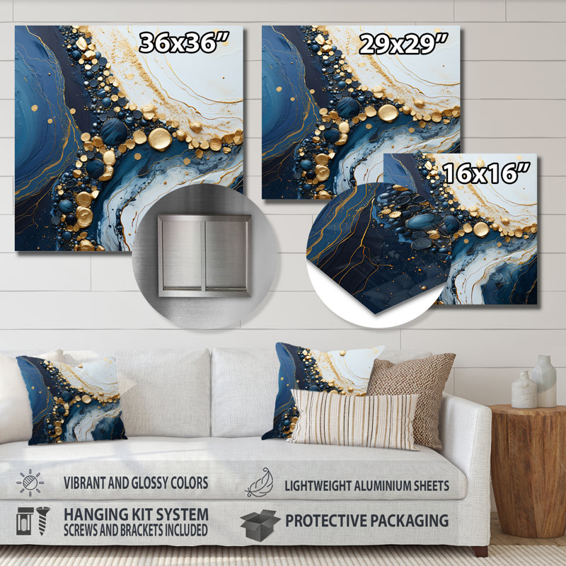 «Gold and Blue Geode», art mural abstrait en métal à encre liquide, H 36 po x l 36 po