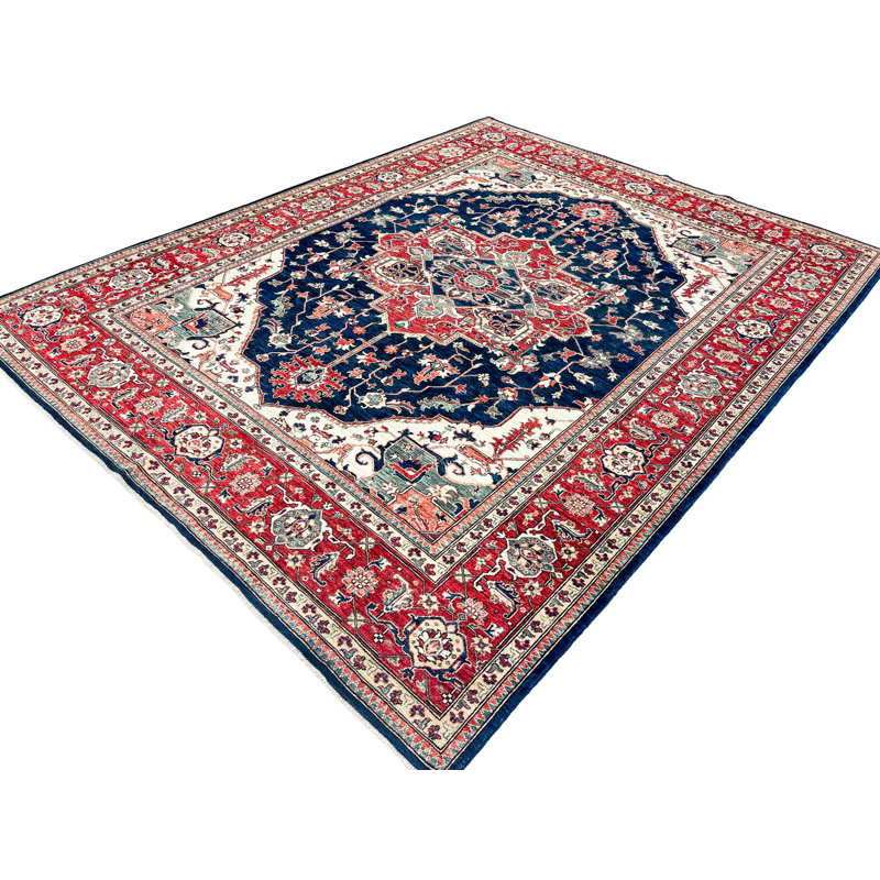 Tapis unique en laine bleu marine / rouge 8 pi 2 po x 10 pi 5 po Tribal