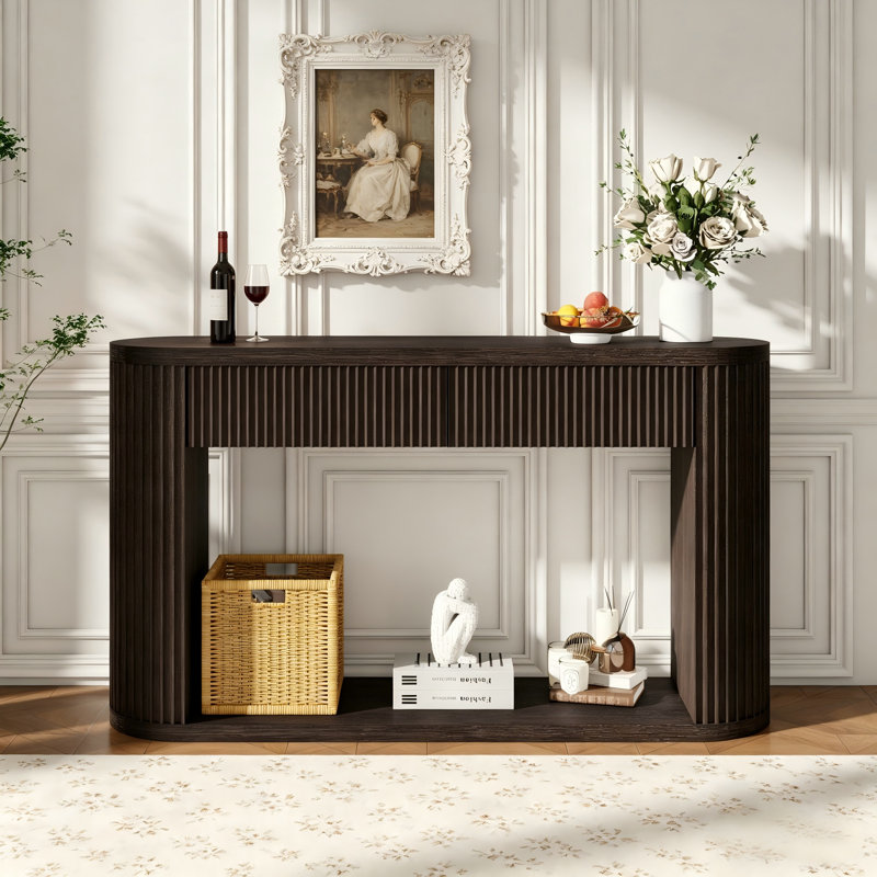 Console ovale cannelée, table de vestibule avec 2 tiroirs et tablette inférieure, table de canapé derrière le canapé pour le salon, couloir, vestibule, espresso