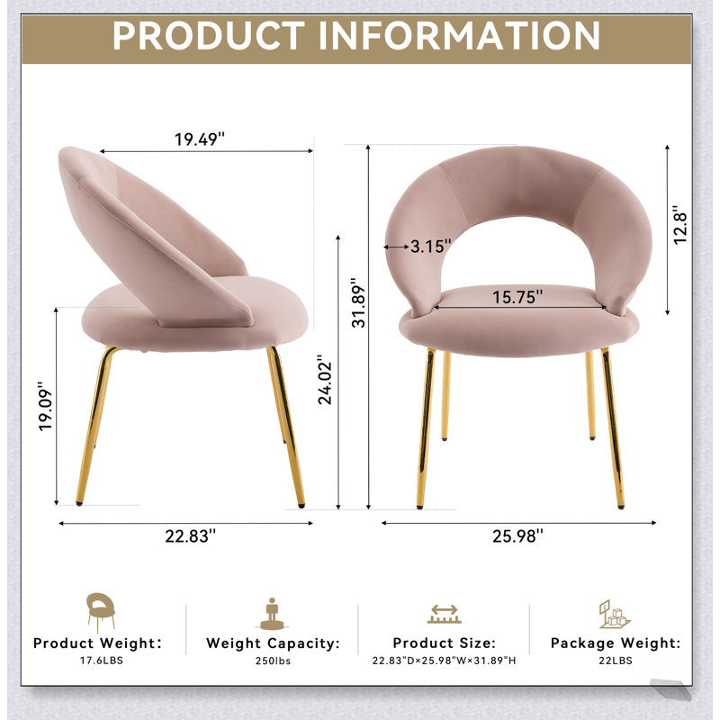 061-Ensemble de 1 chaises de salle à manger en velours avec dossier incurvé et pieds en métal doré pour la cuisine ou la salle à manger