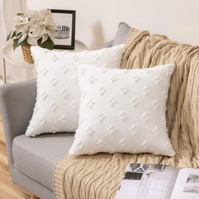(Covers Only) Set of Two 2 Sizes White Embroidered Diamond Throw Pillow Covers