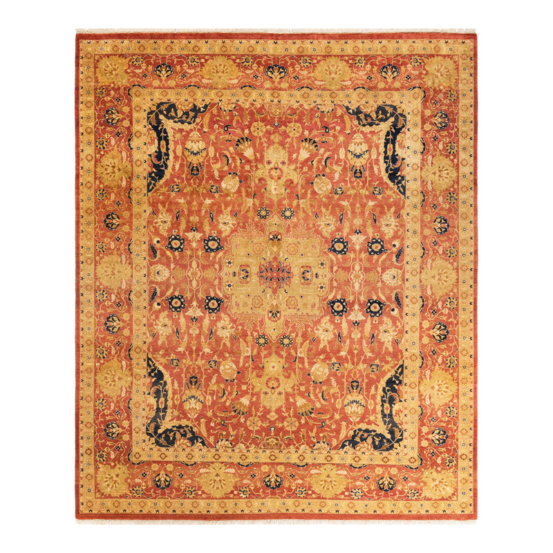 Tapis orange / noir / jaune noué à la main de conception unique 8 pi 1 po x 9 pi 9 po Hayner