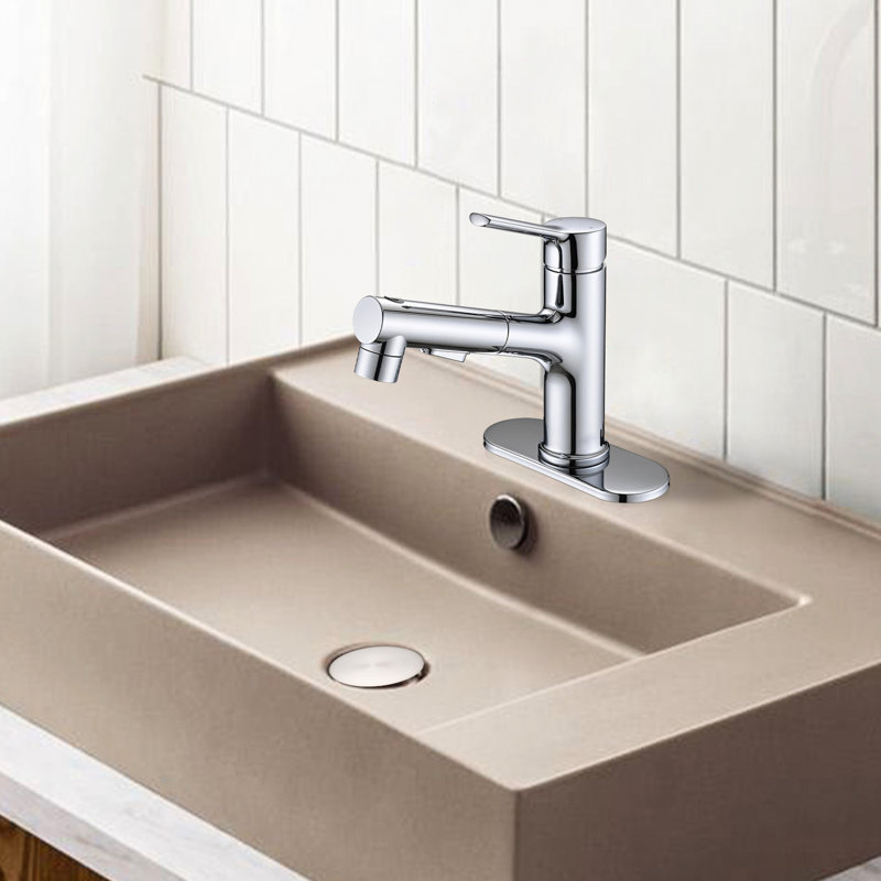 Robinet de lavabo de salle de bain avec poignée escamotable, style contemporain, poignée simple, 3 modes de jet, bonde escamotable et plaque de pont, options de corps en acier inoxydable, bouchon