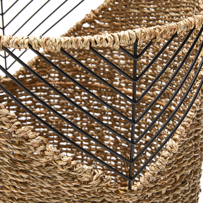 Set of 3 Round Seagrass and Black Metal Storage Baskets