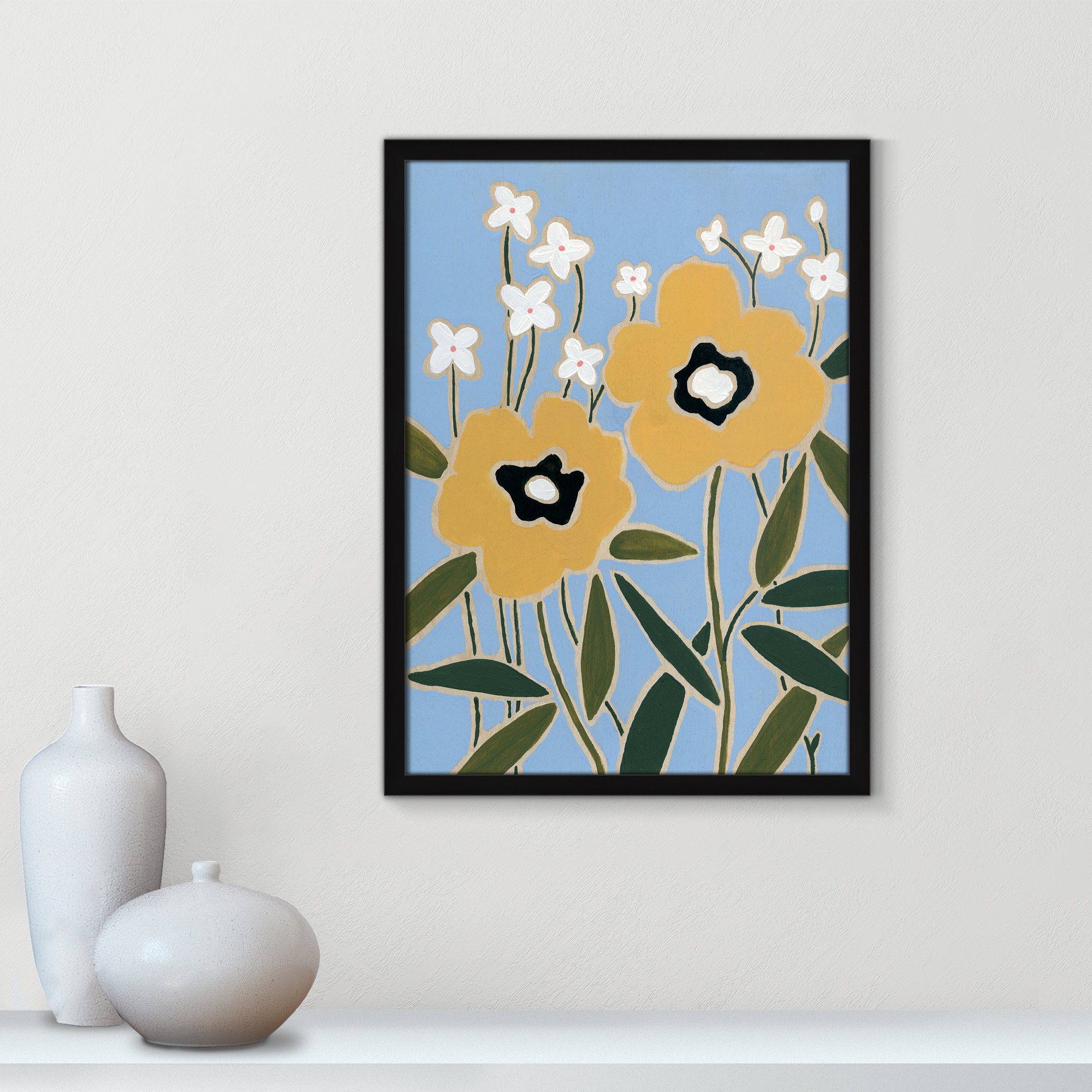 Woodblock Floral II by - Single Picture Frame Print, 23" H x 17" W x 1.25" D, Satin Black Framed