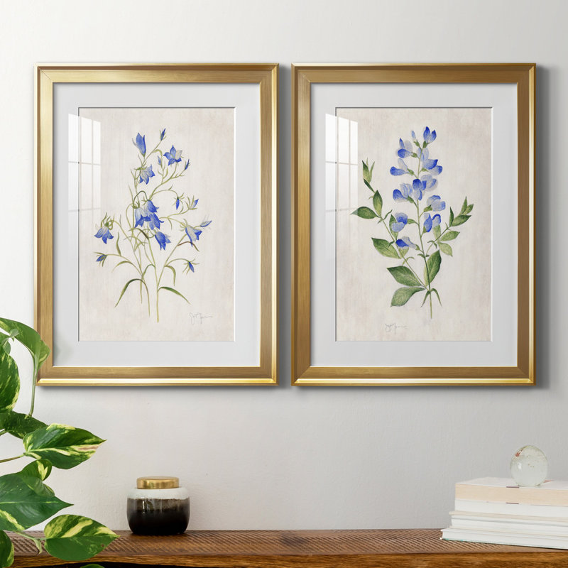 «Blue Botanical I», ensemble de 2 reproductions d'art, Papier encadré doré, Blanc, H 22,5 po x l 61 po x P 1,5 po