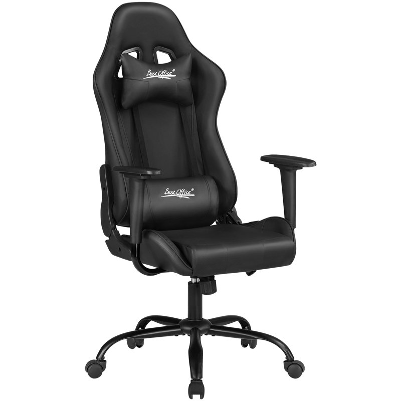 BestOffice Adjustable Reclining Faux Leather Swiveling PC & Racing Game Chair, Black