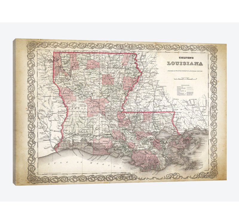 « louisiana map, 1886 », impression sur toile, H 26 po x l 40 po x P 1,5 po, Toile tendue, Pas de tapis